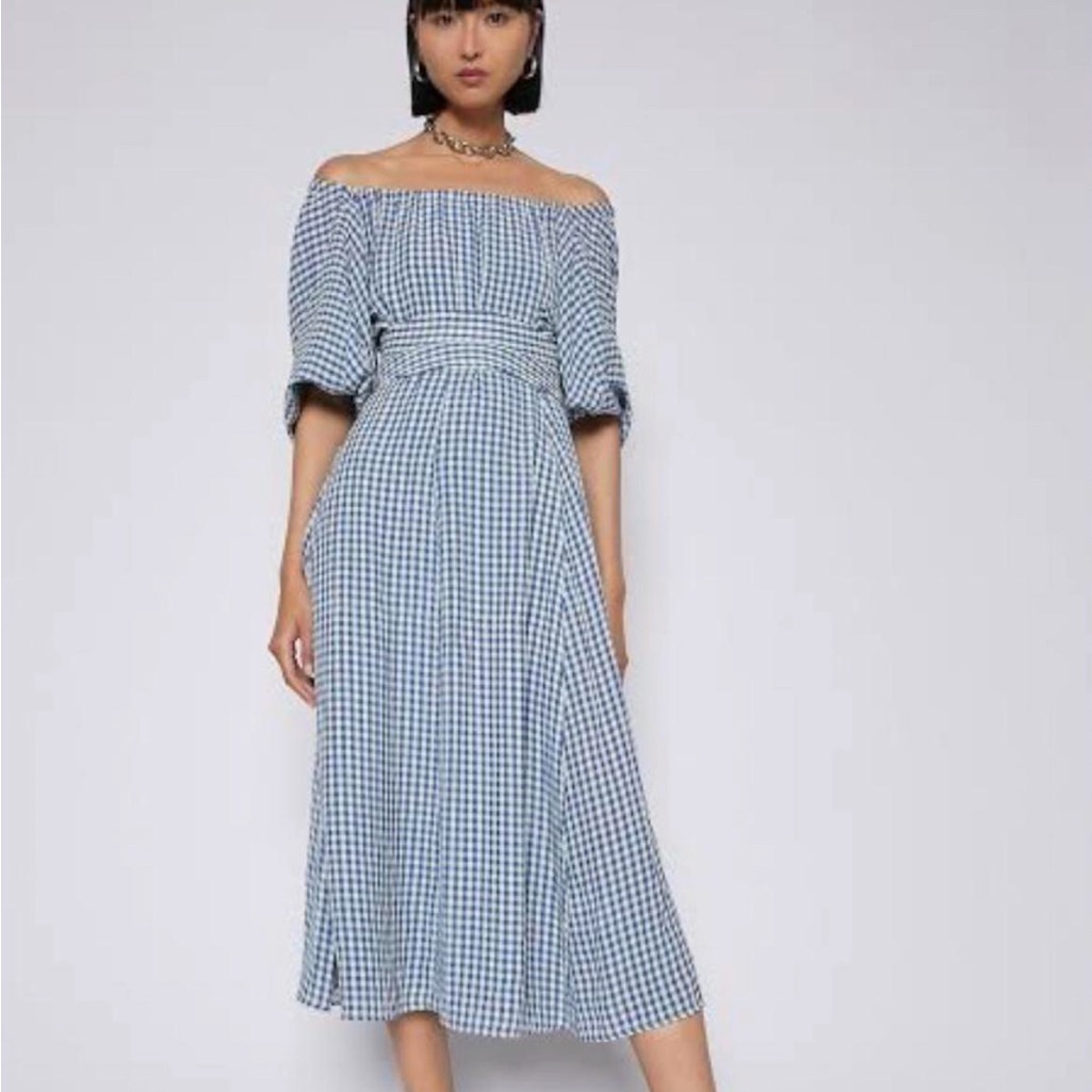Scanlan Theodore Designer Off-Shoulder Blue Gingham Midi Dress